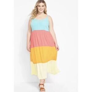 Lane Bryant Tiered Muslin Rainbow Colorblock Tank Dress Maxi Midi Sundress 22